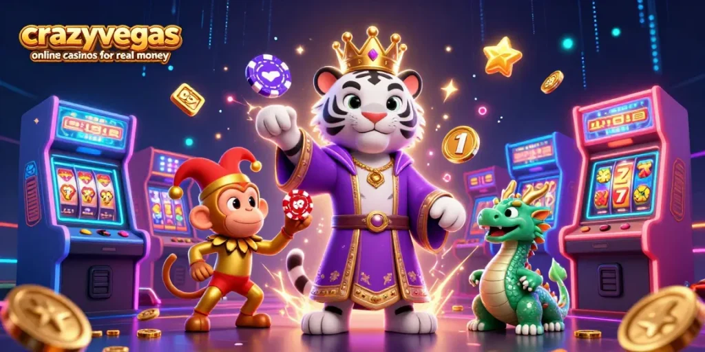 Experience excitement with crazyvegas online casinos for real money, featuring vibrant slots and animated casino elements.