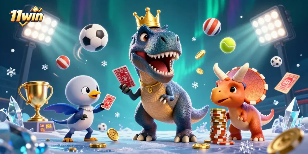 Experience thrilling action with 11win as playful dinosaurs shuffle cards in a vibrant casino scene.