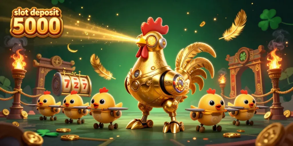 Engage with the slot deposit 5000 experience amidst vibrant golden elements and dramatic gaming visuals.