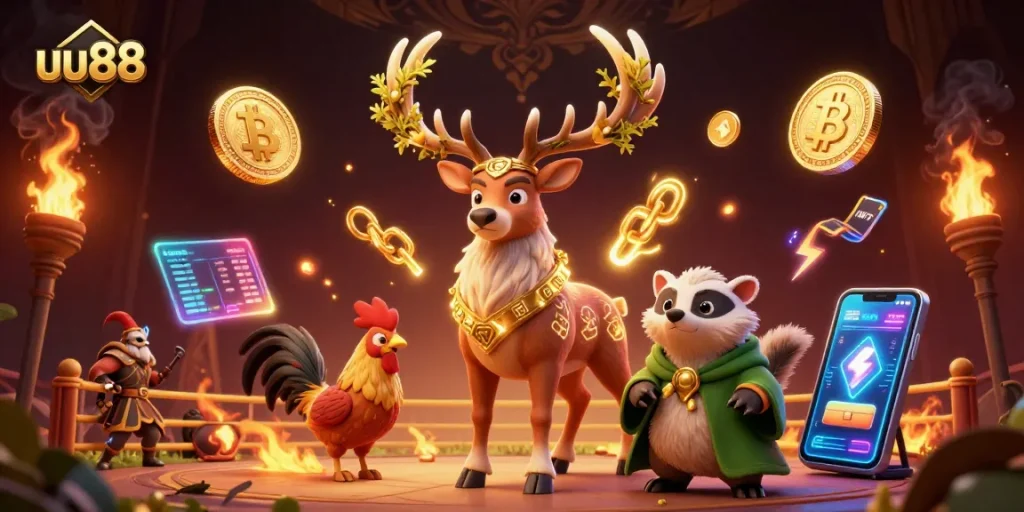 Engage with the thrilling battles in the uu88 cockfighting arena, highlighted by dynamic warriors and fiery effects.