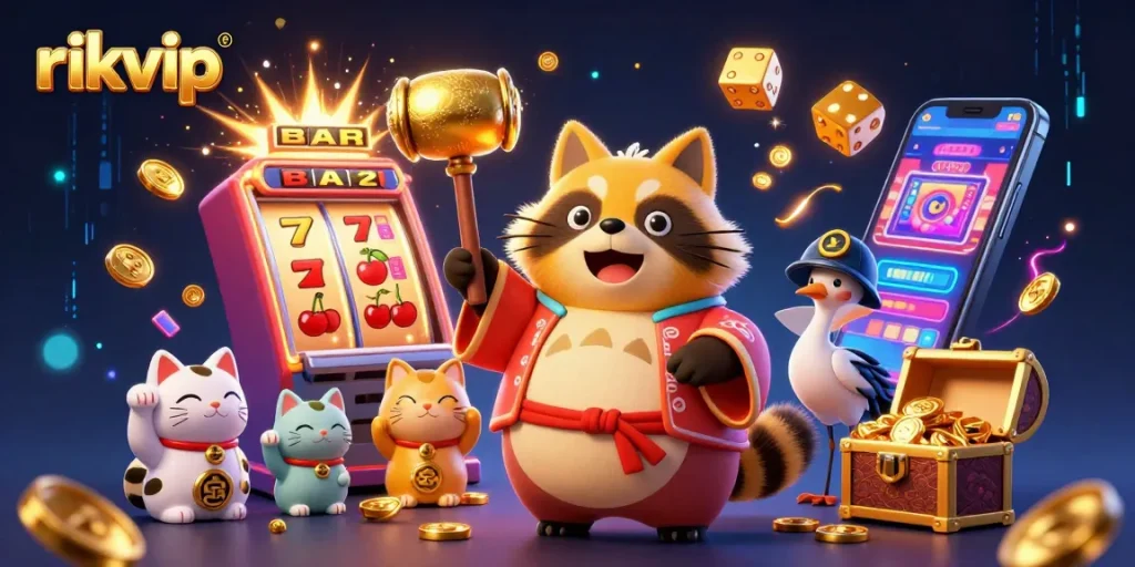 Experience slots action at rikvip with festive tanuki, colorful cats, and jackpot excitement.