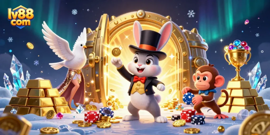 Winning big at lv88 com while a magician rabbit pulls golden coins; a playful monkey joins the fun!