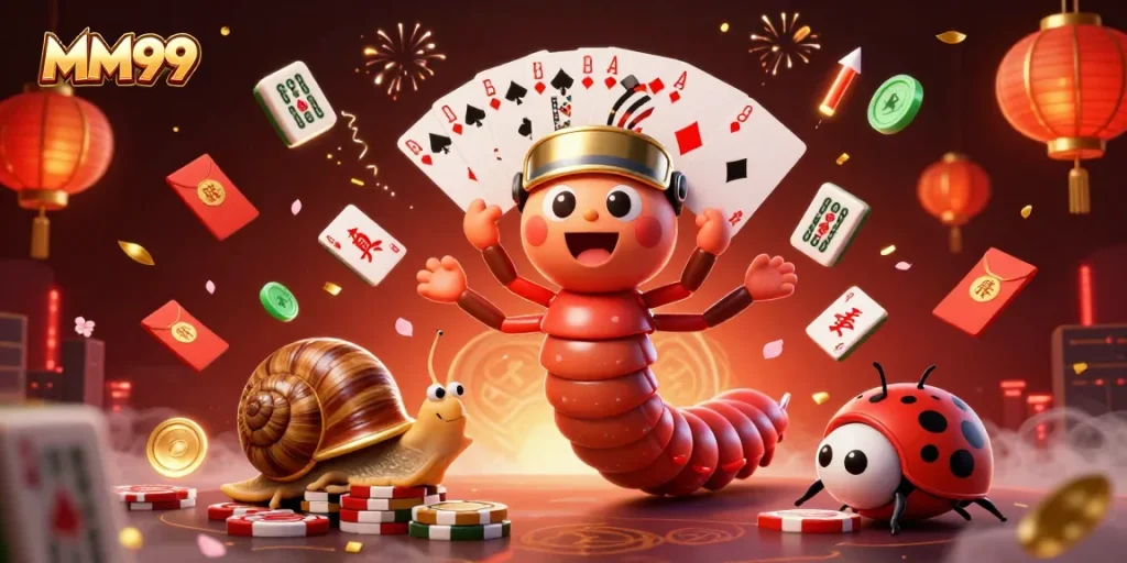 Experience the excitement of MM99 with a vivid 3D illustration featuring engaging casino characters and elements.