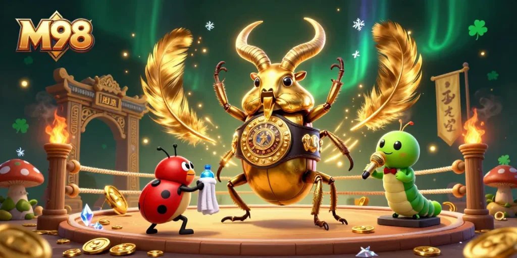 M98 offers exhilarating live casino experiences with vibrant characters battling among swirling coins and game elements.