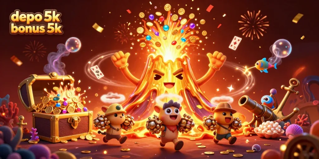 Experience the thrilling depo 5k bonus 5k in this dynamic 3D casino illustration with vibrant elements.
