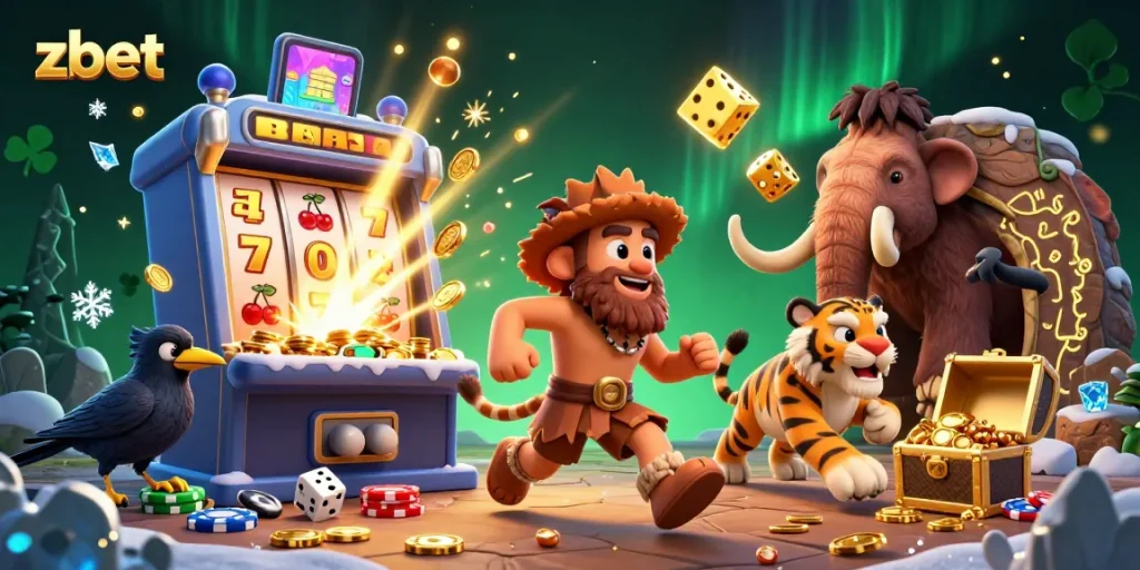 Experience the thrill of zbet with caveman and sabertooth tiger in a prehistoric casino adventure.