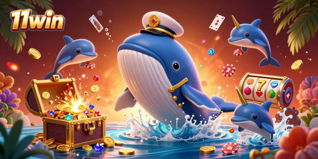 Win big with 11win in a vibrant scene featuring a playful whale and exciting slot elements.