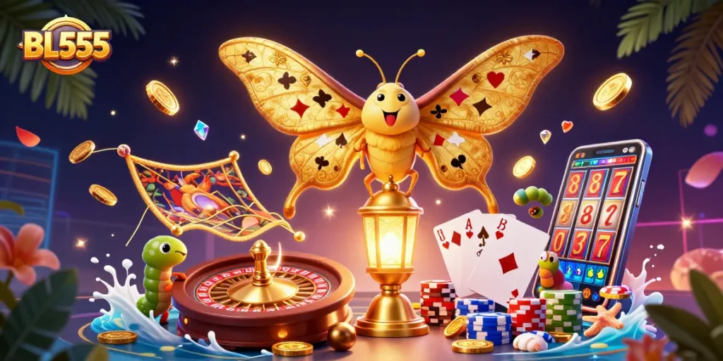 Bet big with BL555 as golden moths and silk worms create dazzling casino scenes amidst riches.