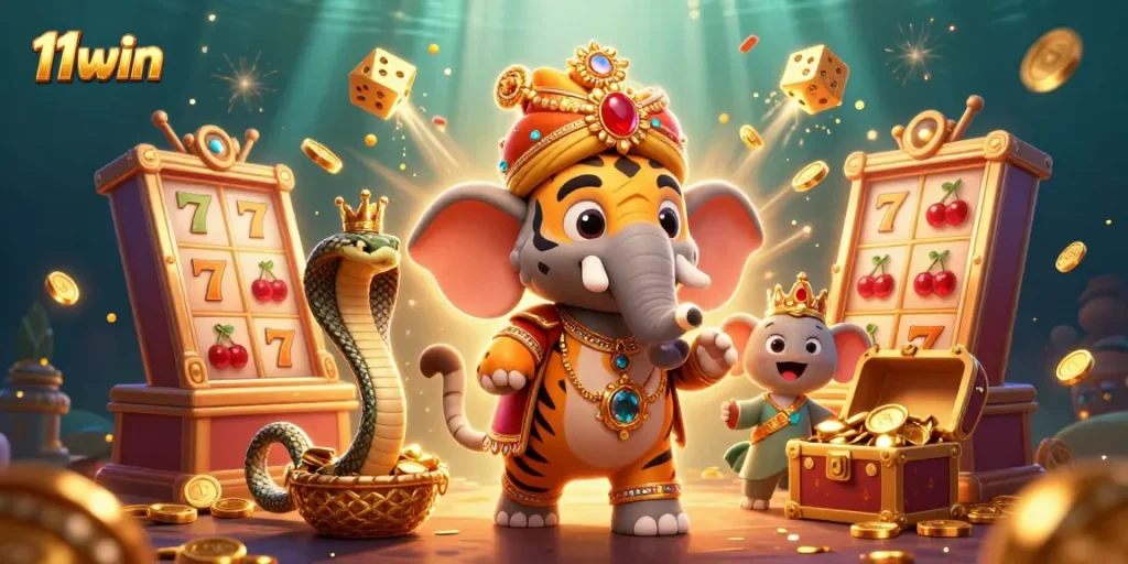 Experience the thrill of 11win with a dynamic casino-themed illustration, showcasing stunning 3D characters and vibrant game elements.
