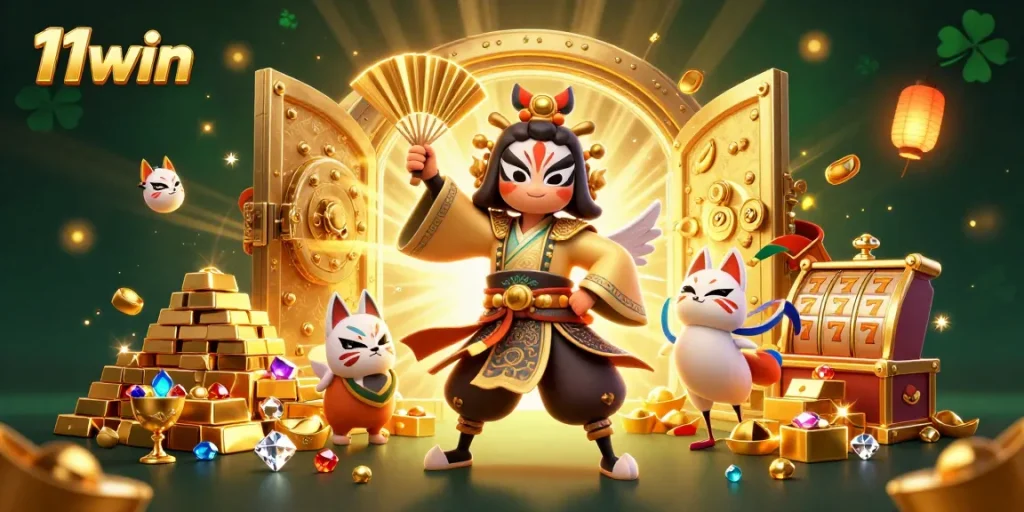 Experience excitement at 11win with an illustration filled with treasures, slots, and mystical characters.