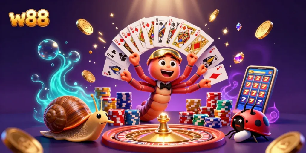Engage with W88’s unique casino experience featuring a millipede dealer and lively game elements.