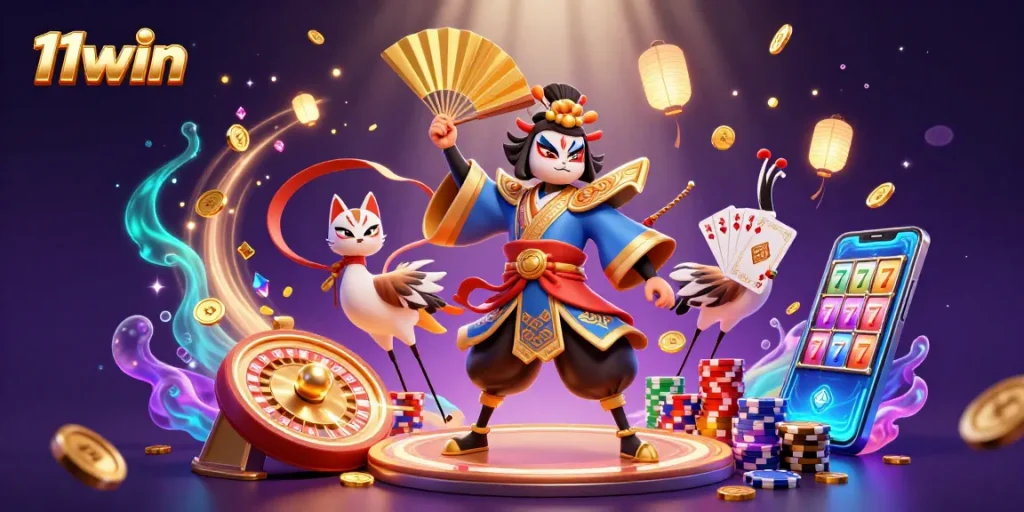 Win big at 11win with this vibrant 3D casino illustration depicting dynamic gaming elements.