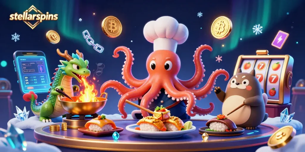 Engage with stellarspins through colorful characters in a dynamic casino-themed scene featuring crypto elements.