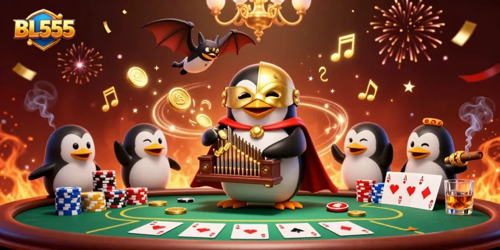Engage in thrilling action at BL555 with a whimsical penguin organist and poker elements.