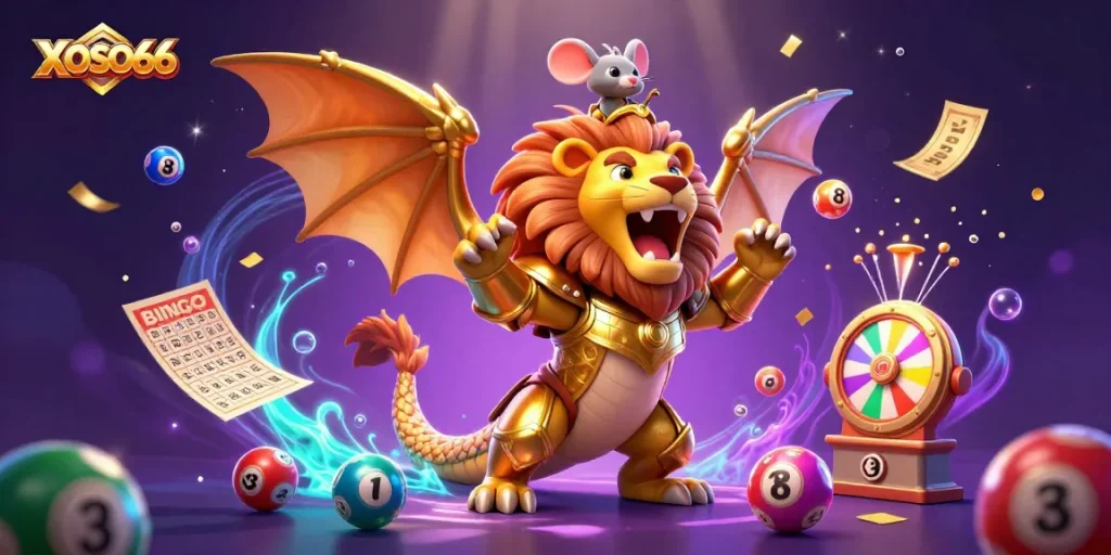 XOSO66 offers thrilling lottery games featuring vibrant colorful balls, jackpot excitement, and a majestic chimera.