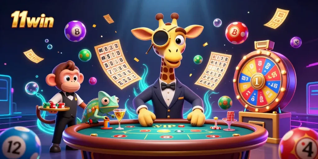Win big at 11win with vibrant gaming excitement in a dynamic illustration filled with casino elements.