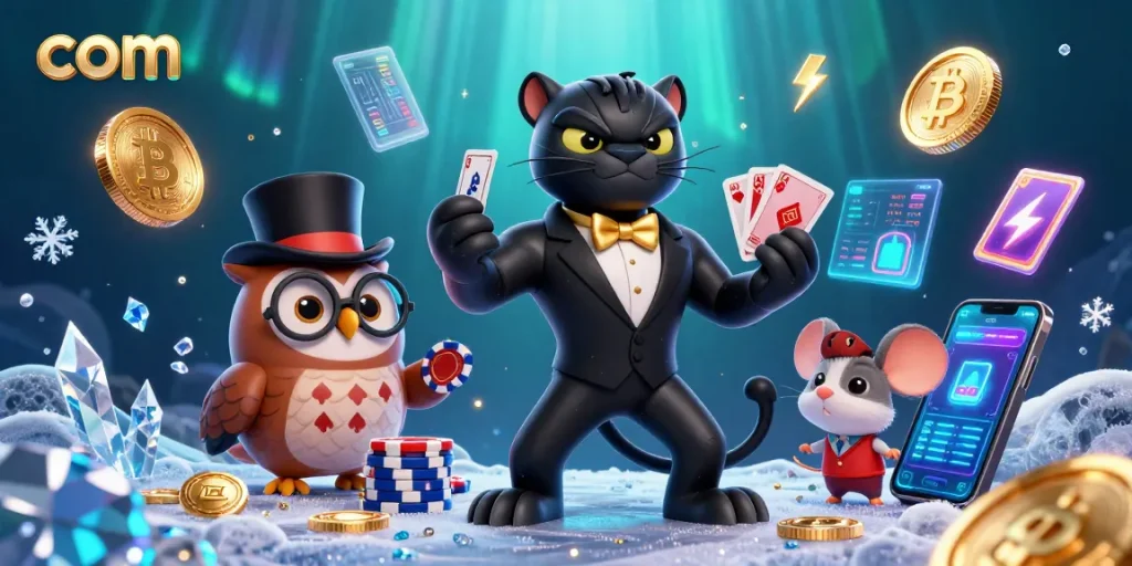Engage with com in this vibrant 3D casino scene featuring a stylish panther, owl, and lucky mouse.