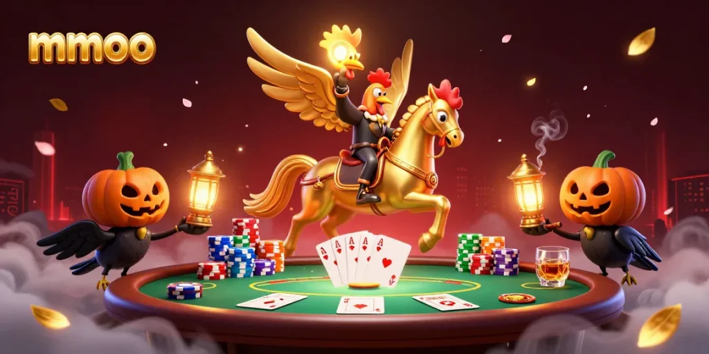 Winning big at MMOO's casino feels thrilling as the golden rooster rides through the night with poker elements.